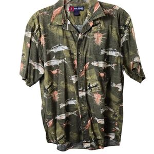 Reel Legends  Green Fish & Lure Collared Short Sleeve Shirt Outdoors Cotton L